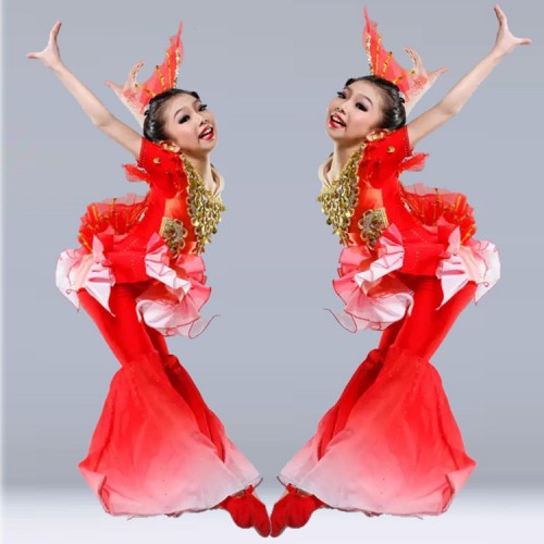 Girls chinese folk dance costumes kids children school party stage performance red fish cosplay mermaid clothes dresses